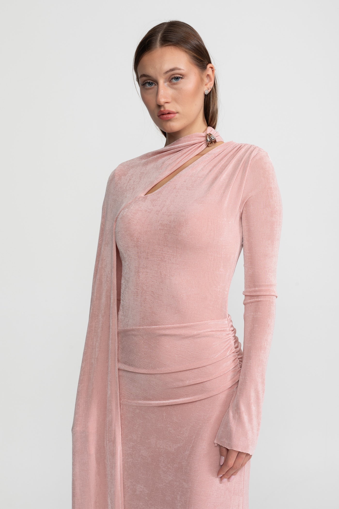 Elegant Draped Gown With Asymmetric Cutout – Blush Pink