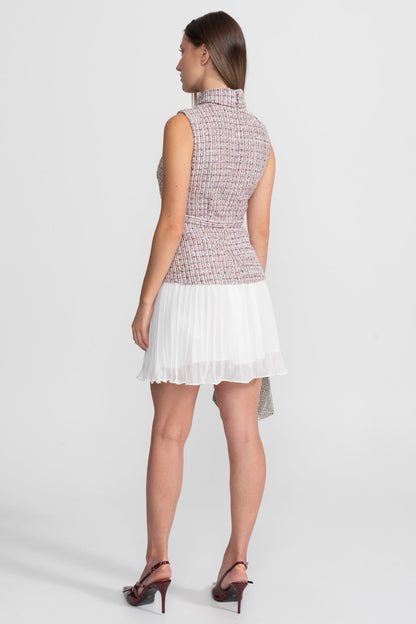 Tweed Vest Dress with Pleated Skirt Detail - Pink/White