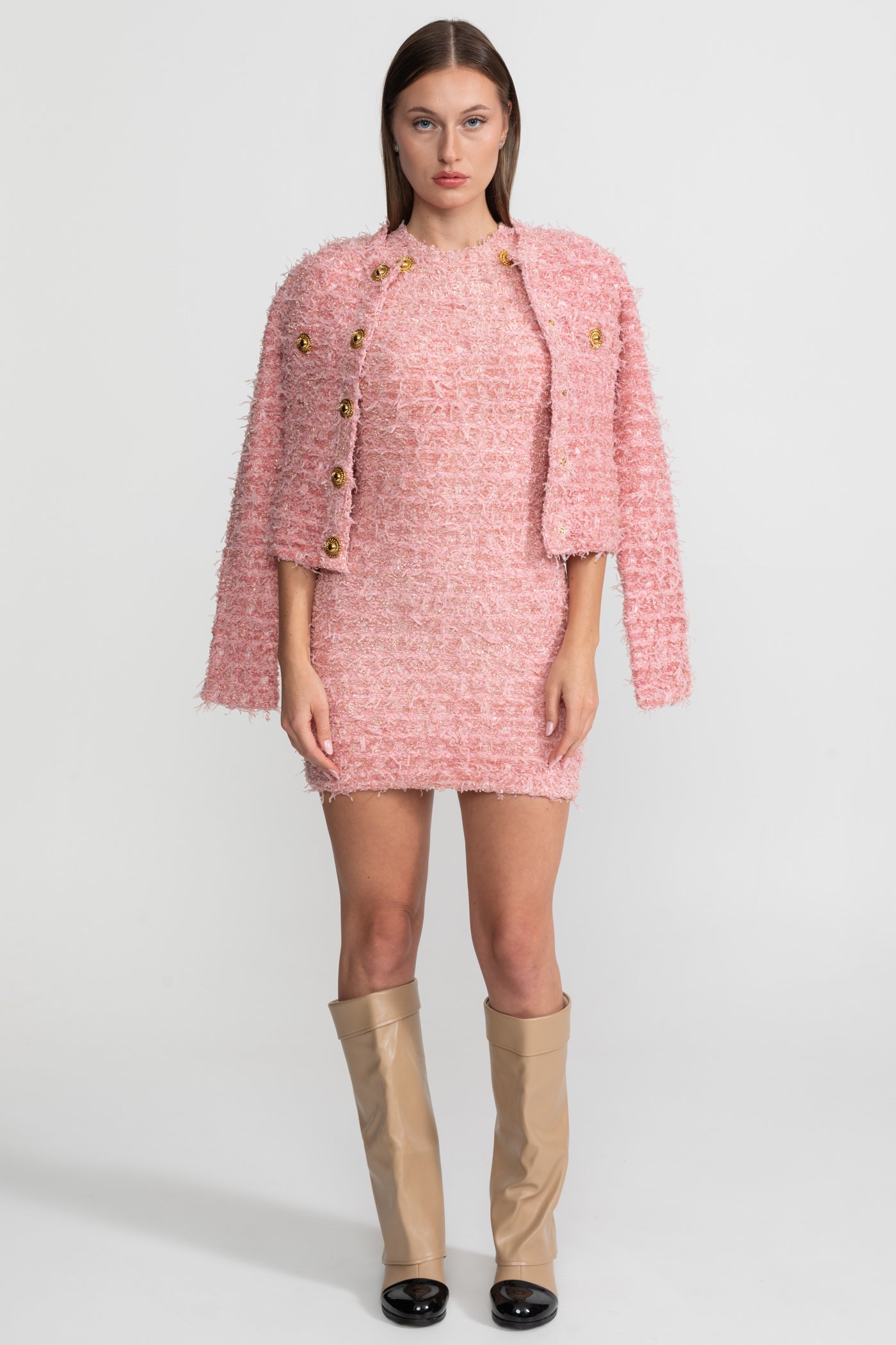 Textured Tweed Jacket With Gold Button Embellishments – Pink