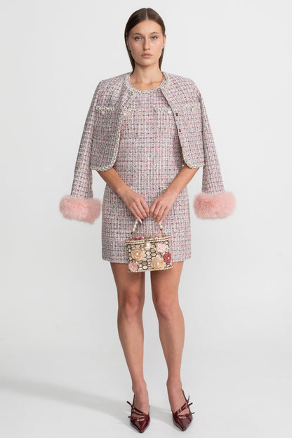 Tweed Cropped Jacket with Faux Fur Cuffs - Pink