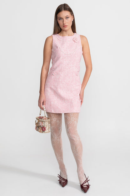 Sleeveless Tweed Mini Dress With Pearl Trim – Pink