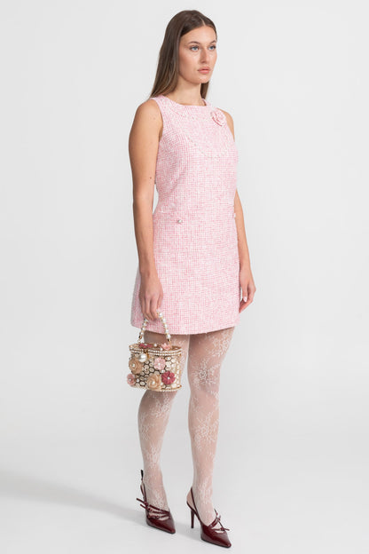 Sleeveless Tweed Mini Dress With Pearl Trim – Pink