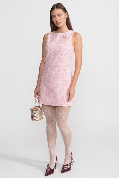 Sleeveless Tweed Mini Dress With Pearl Trim – Pink