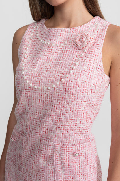 Sleeveless Tweed Mini Dress With Pearl Trim – Pink
