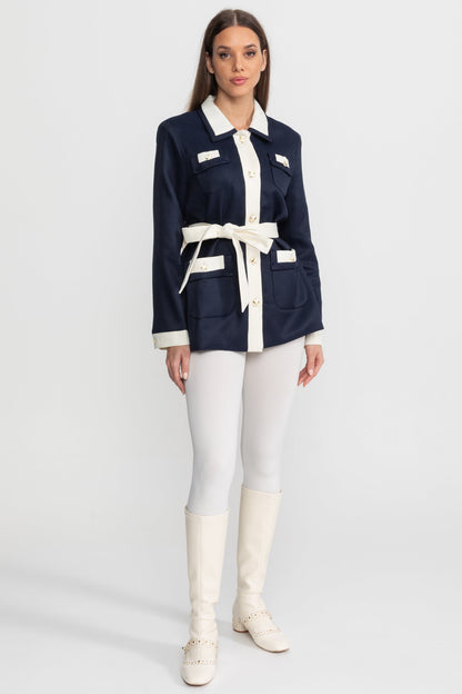 Two-Tone Tweed Jacket With Contrast Trim and Waist Belt – Navy