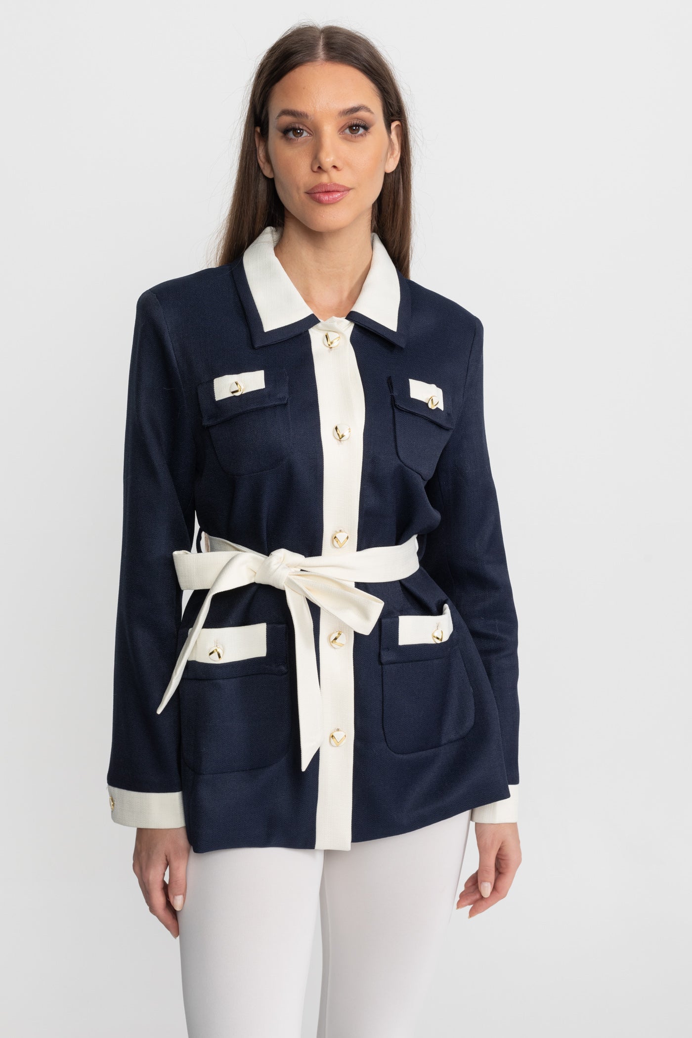 Two-Tone Tweed Jacket With Contrast Trim and Waist Belt – Navy