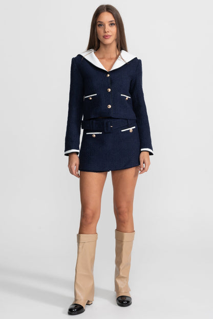 Belted Tweed Mini Skirt with Contrast Pockets - Navy