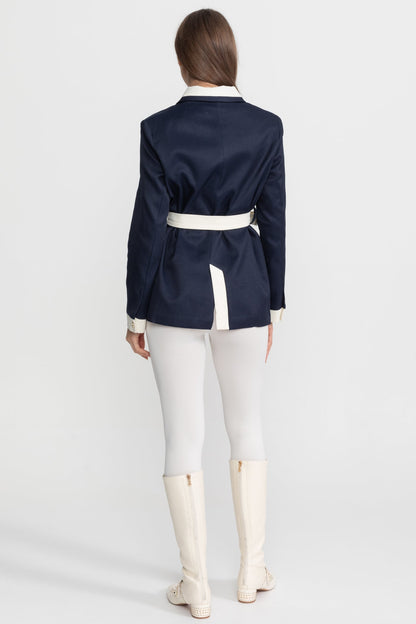 Two-Tone Tweed Jacket With Contrast Trim and Waist Belt – Navy