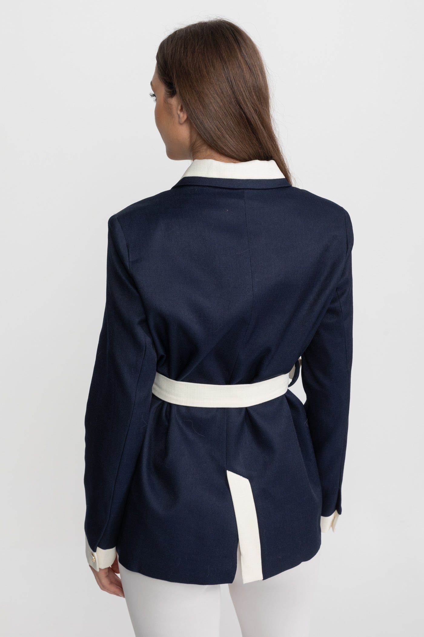 Two-Tone Tweed Jacket With Contrast Trim and Waist Belt – Navy