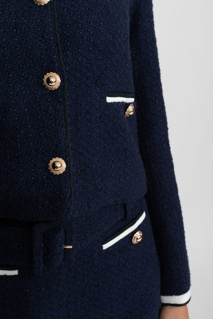 Tweed Cropped Jacket with Contrast Collar - Navy