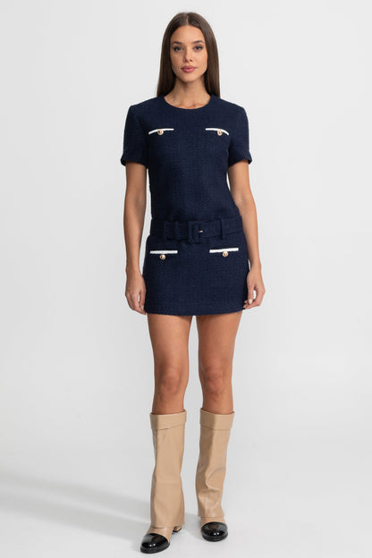 Belted Tweed Mini Dress with Contrast Pockets - Navy