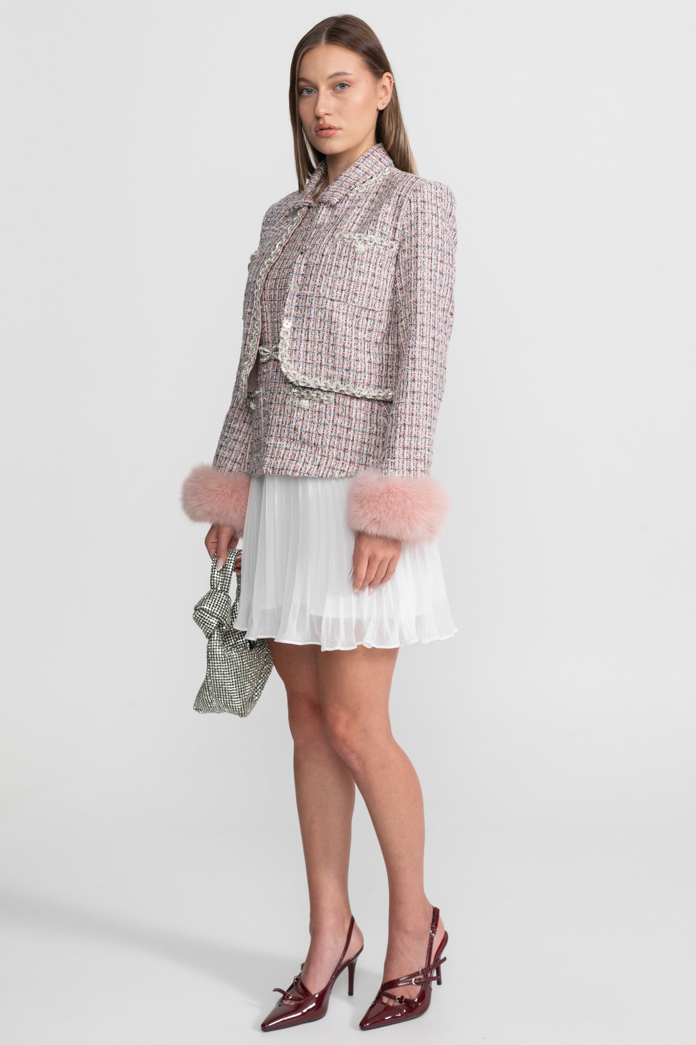 Tweed Cropped Jacket with Faux Fur Cuffs - Pink