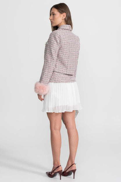 Tweed Cropped Jacket with Faux Fur Cuffs - Pink