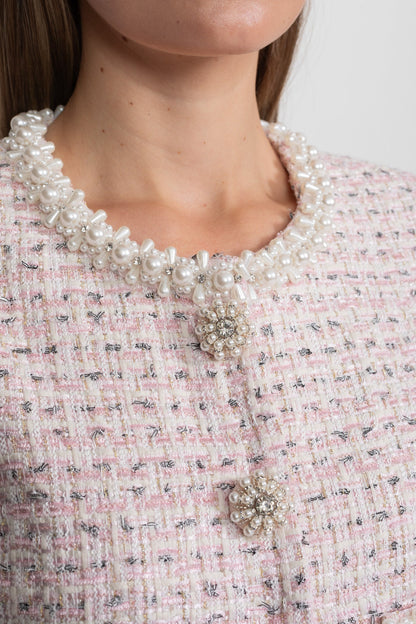 Short Sleeve Pearl-Embellished Top With Sparkling Buttons - Pink