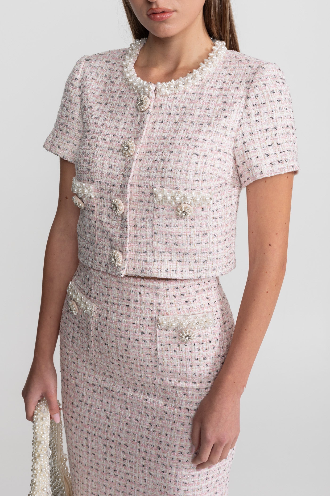 Short Sleeve Pearl-Embellished Top With Sparkling Buttons - Pink
