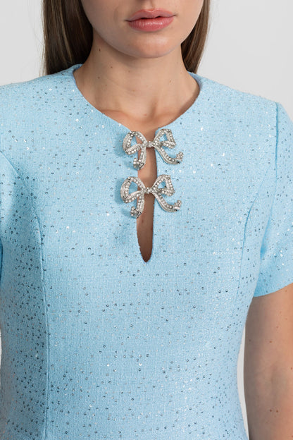 Sequin Mini Dress with Crystal Bow Accents - Baby Blue