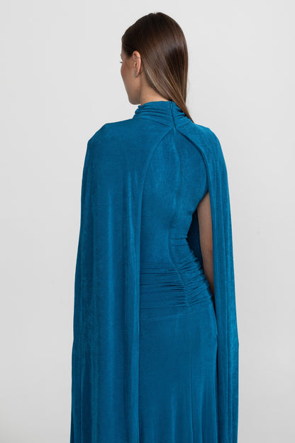 Elegant Cape Gown With High Neckline – Teal