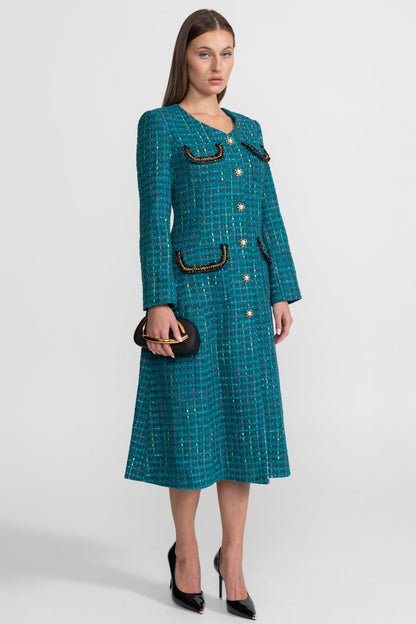 Embellished Tweed Midi Dress With Structured Shoulders – Teal