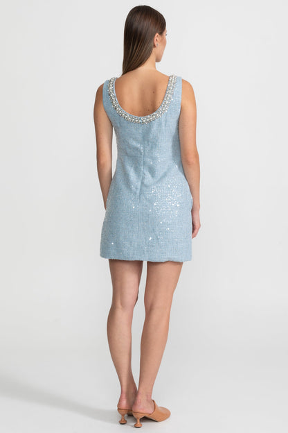 Embellished Tweed Mini Dress With Pearl Bow – Sky Blue
