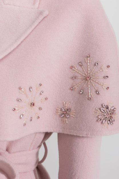 Embellished Wool Coat with Fox Fur Cuffs And Cape Overlay - Pink