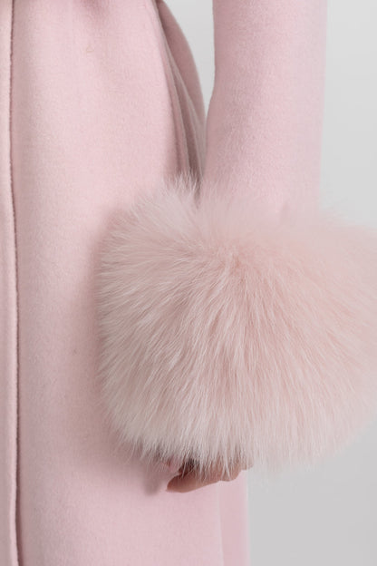 Embellished Wool Coat with Fox Fur Cuffs And Cape Overlay - Pink