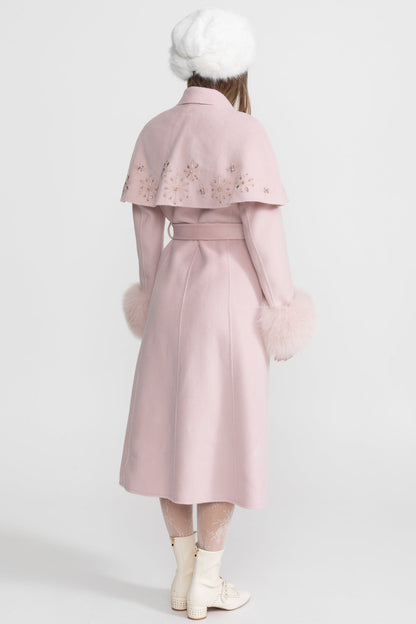 Embellished Wool Coat with Fox Fur Cuffs And Cape Overlay - Pink