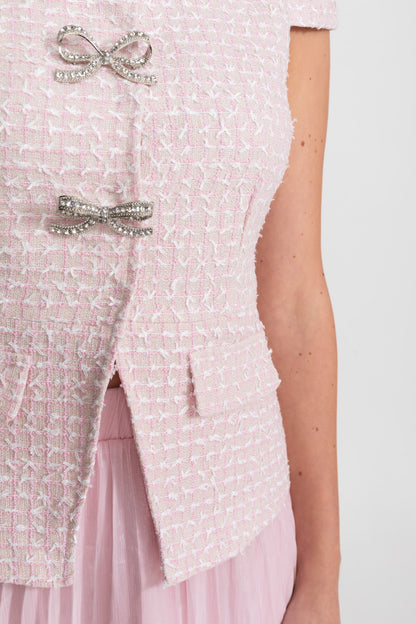 Tweed and Organza Co-ord Set with Crystal Bow Buttons - Pink