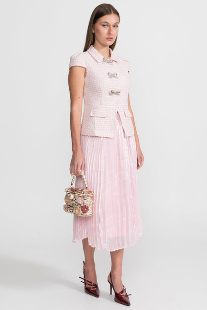 Tweed and Organza Co-ord Set with Crystal Bow Buttons - Pink