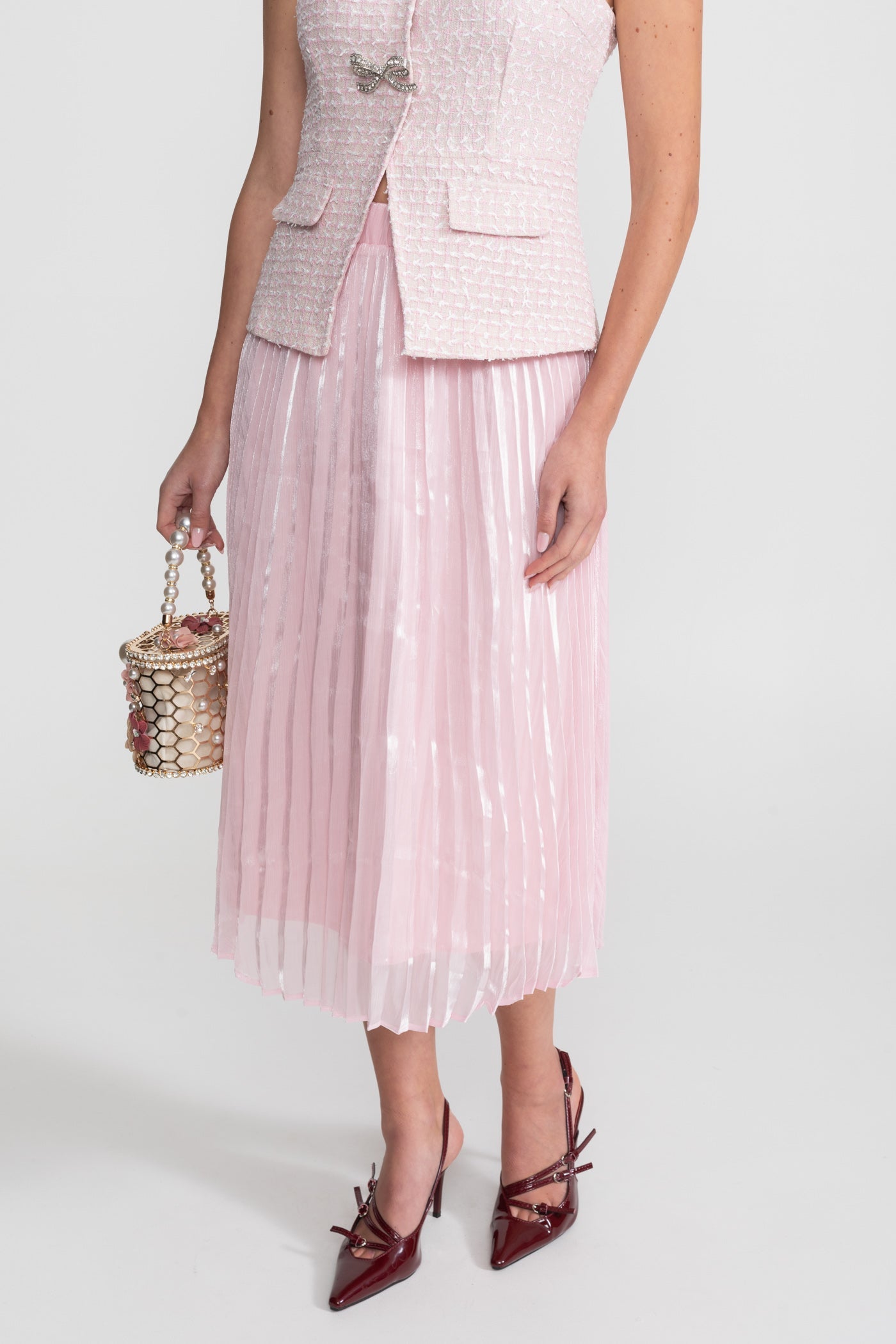 Tweed and Organza Co-ord Set with Crystal Bow Buttons - Pink