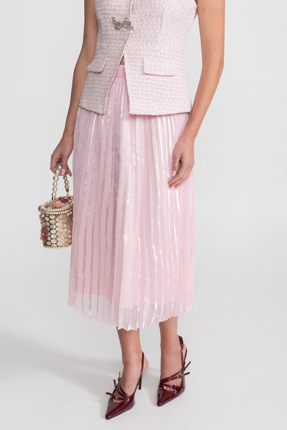 Tweed and Organza Co-ord Set with Crystal Bow Buttons - Pink