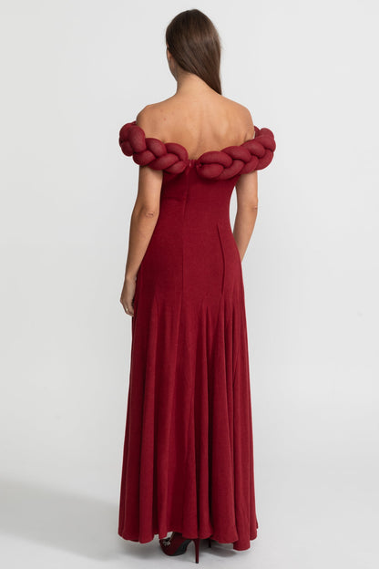 Off-Shoulder Braided Neckline Maxi Dress – Deep Red