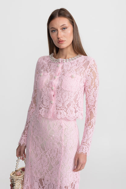 Lace Co-ord Set with Embellished Collar and Buttons - Pink