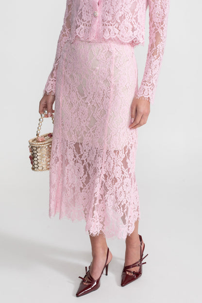 Lace Co-ord Set with Embellished Collar and Buttons - Pink