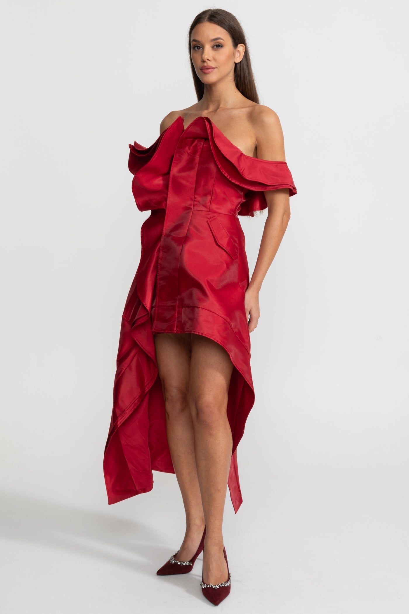 Off-Shoulder Ruffled High-Low Satin Dress – Crimson Red