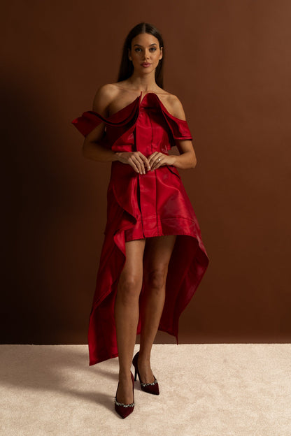 Off-Shoulder Ruffled High-Low Satin Dress – Crimson Red