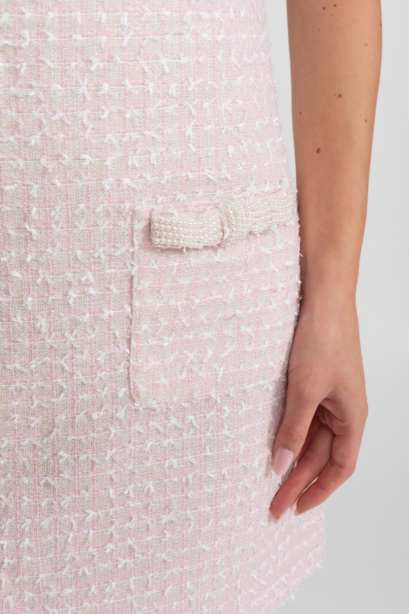 Embellished Tweed Mini Dress With Delicate Pearl Trim - Light Pink