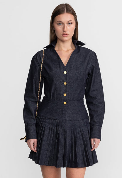 Denim Co-ord Set with Pleated Skirt and Gold Buttons - Dark Blue