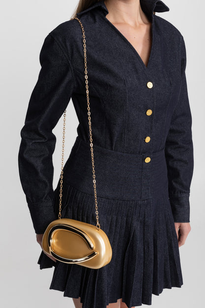 Denim Co-ord Set with Pleated Skirt and Gold Buttons - Dark Blue