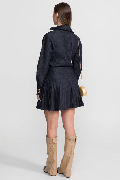Denim Co-ord Set with Pleated Skirt and Gold Buttons - Dark Blue