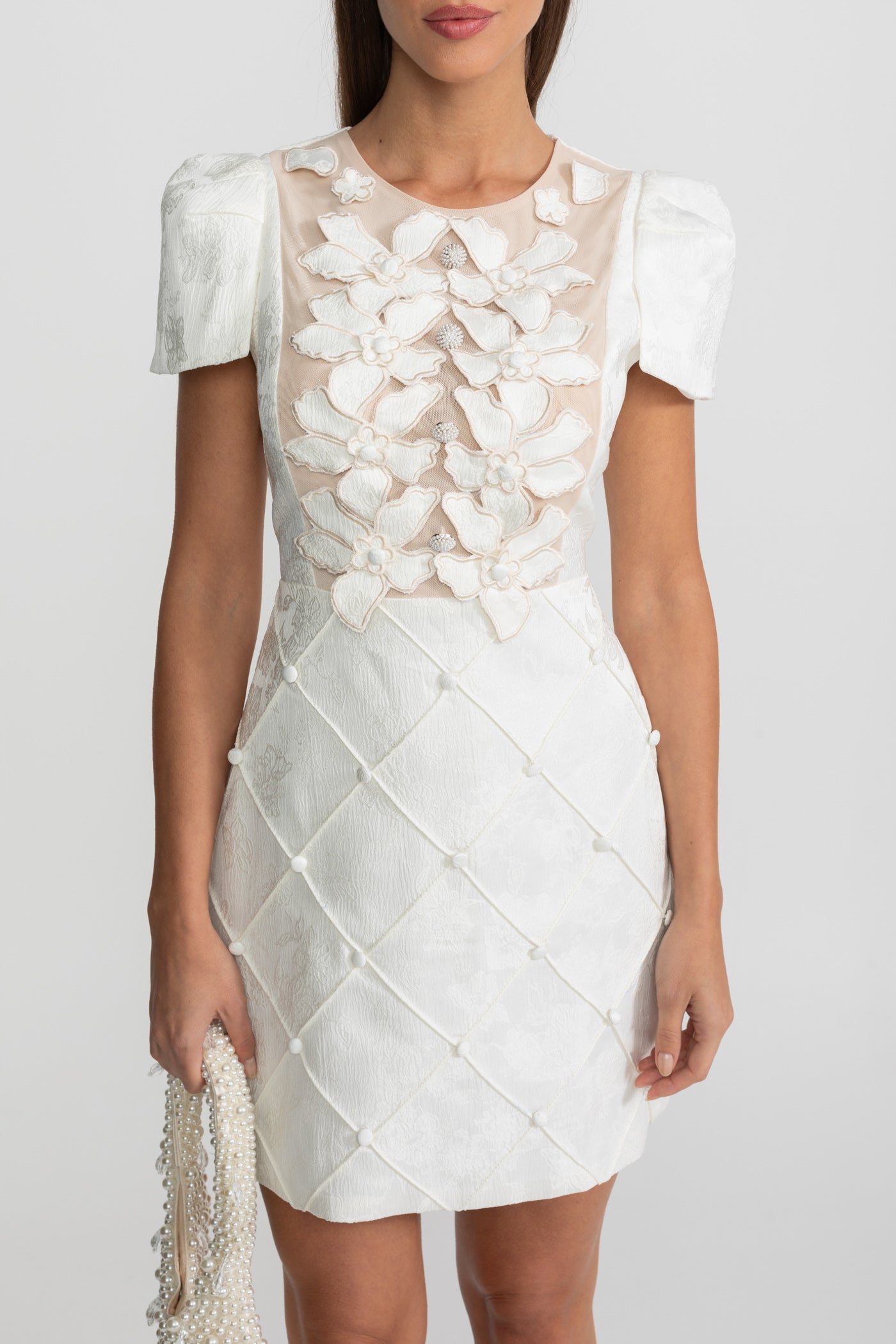 3D Floral Appliqué Mini Dress With Quilted Skirt  – White