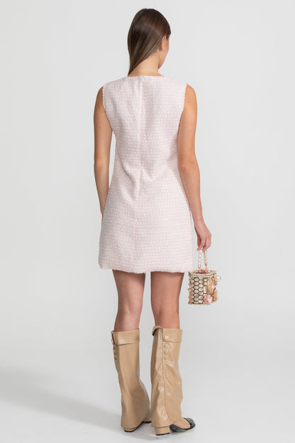 Embellished Tweed Mini Dress With Delicate Pearl Trim - Light Pink
