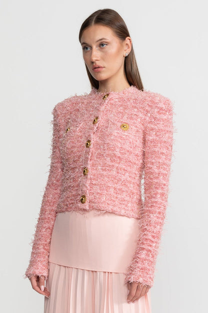 Textured Tweed Jacket With Gold Button Embellishments – Pink
