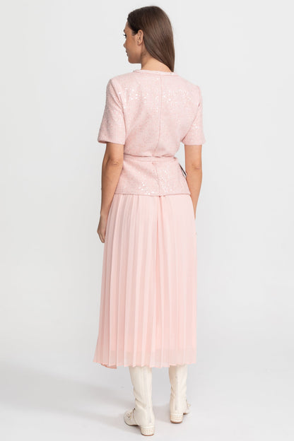 Embellished Tweed Midi Dress with Pleated Chiffon Skirt – Blush Pink