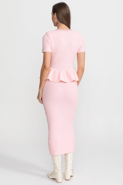Textured Knit Midi Dress with Peplum Waist Detail – Baby Pink