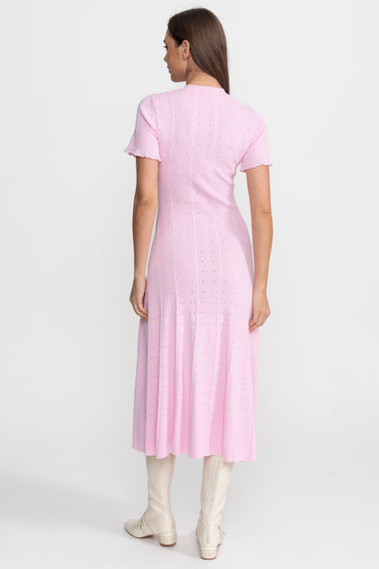 Knit Button-Front Midi Dress with Scalloped Sleeves – Pink