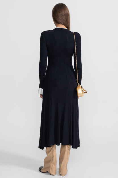 Ribbed Knit Midi Dress with Gold Button Fastening - Dark Blue