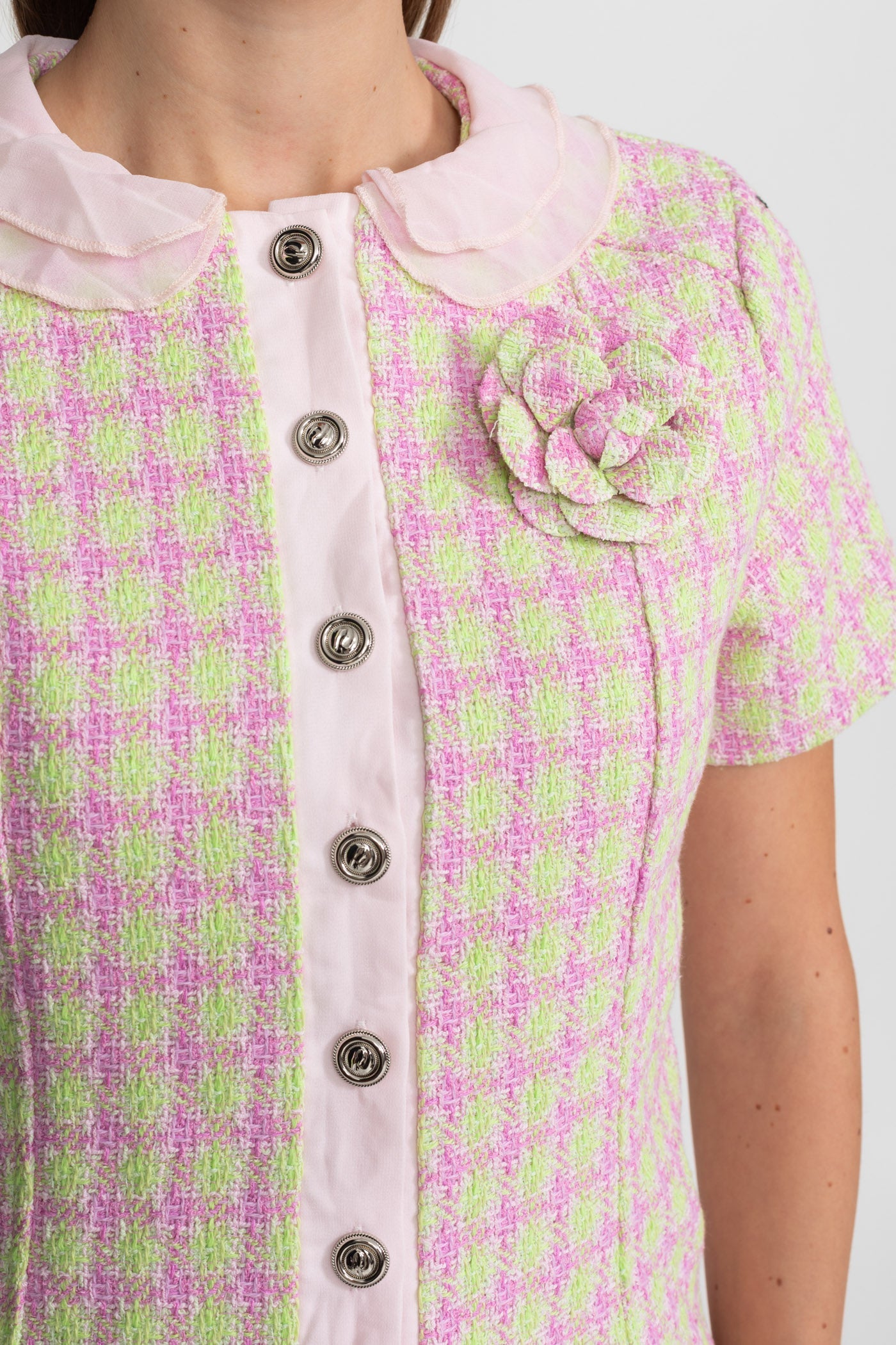 Pastel Tweed Co-ord Set With Satin Collar – Pink & Green