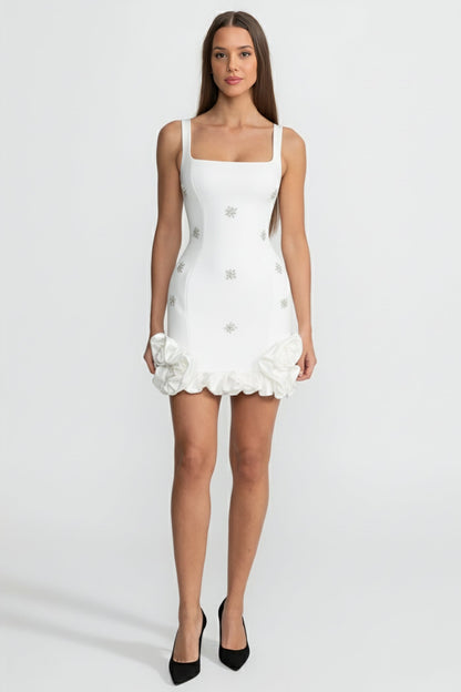 Embellished Bodycon Mini Dress With Crystal Flowers – White