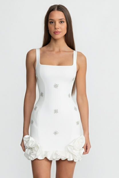 Embellished Bodycon Mini Dress With Crystal Flowers – White